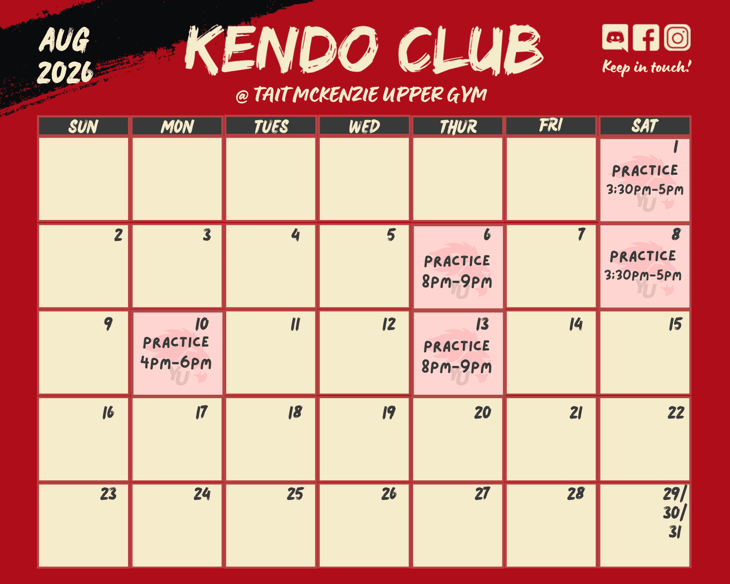 YU Kendo monthly practice schedule at Tait McKenzie Upper Gym — see the calendar for current practice days and times.