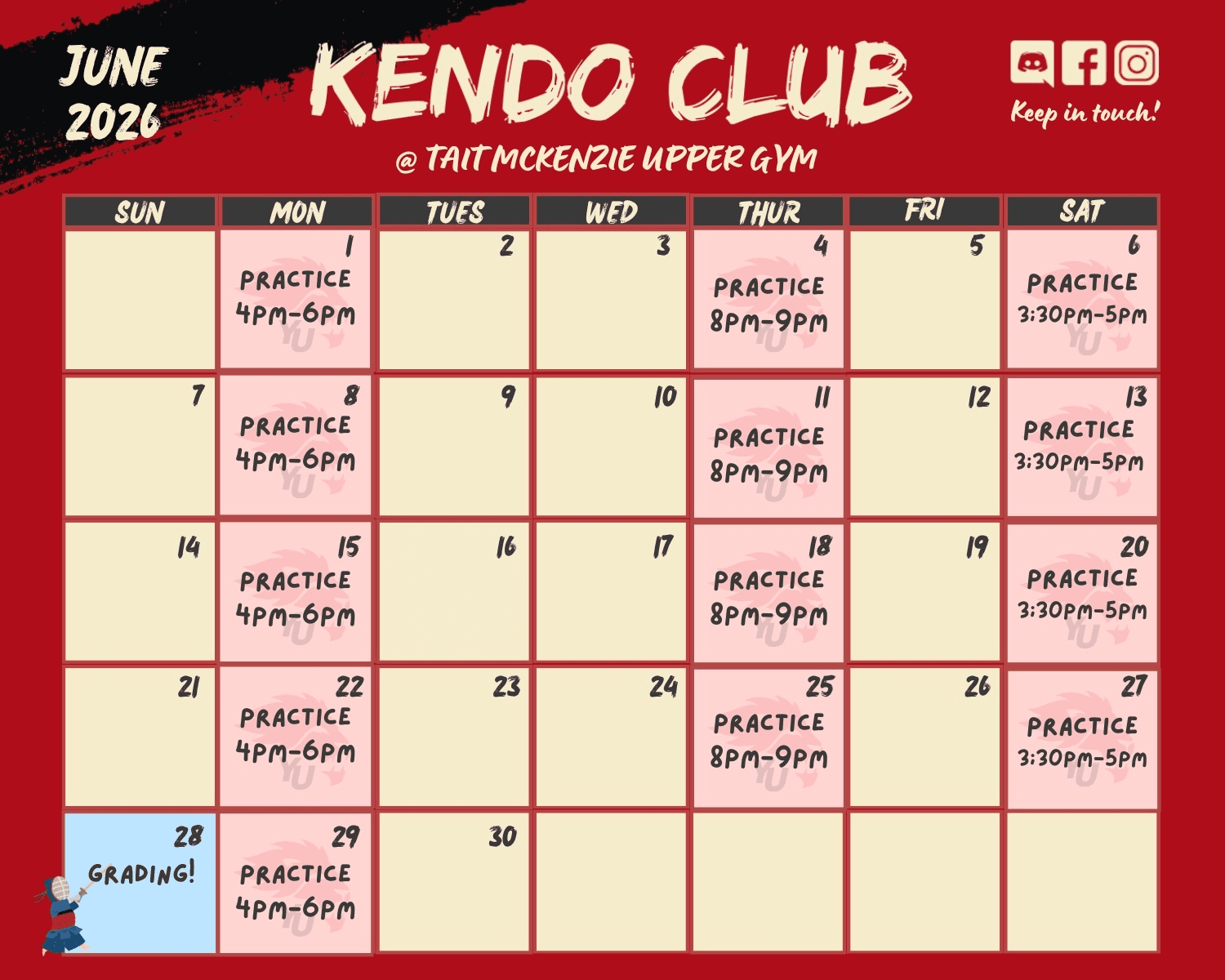 YU Kendo monthly practice schedule at Tait McKenzie Upper Gym — see the calendar for current practice days and times.