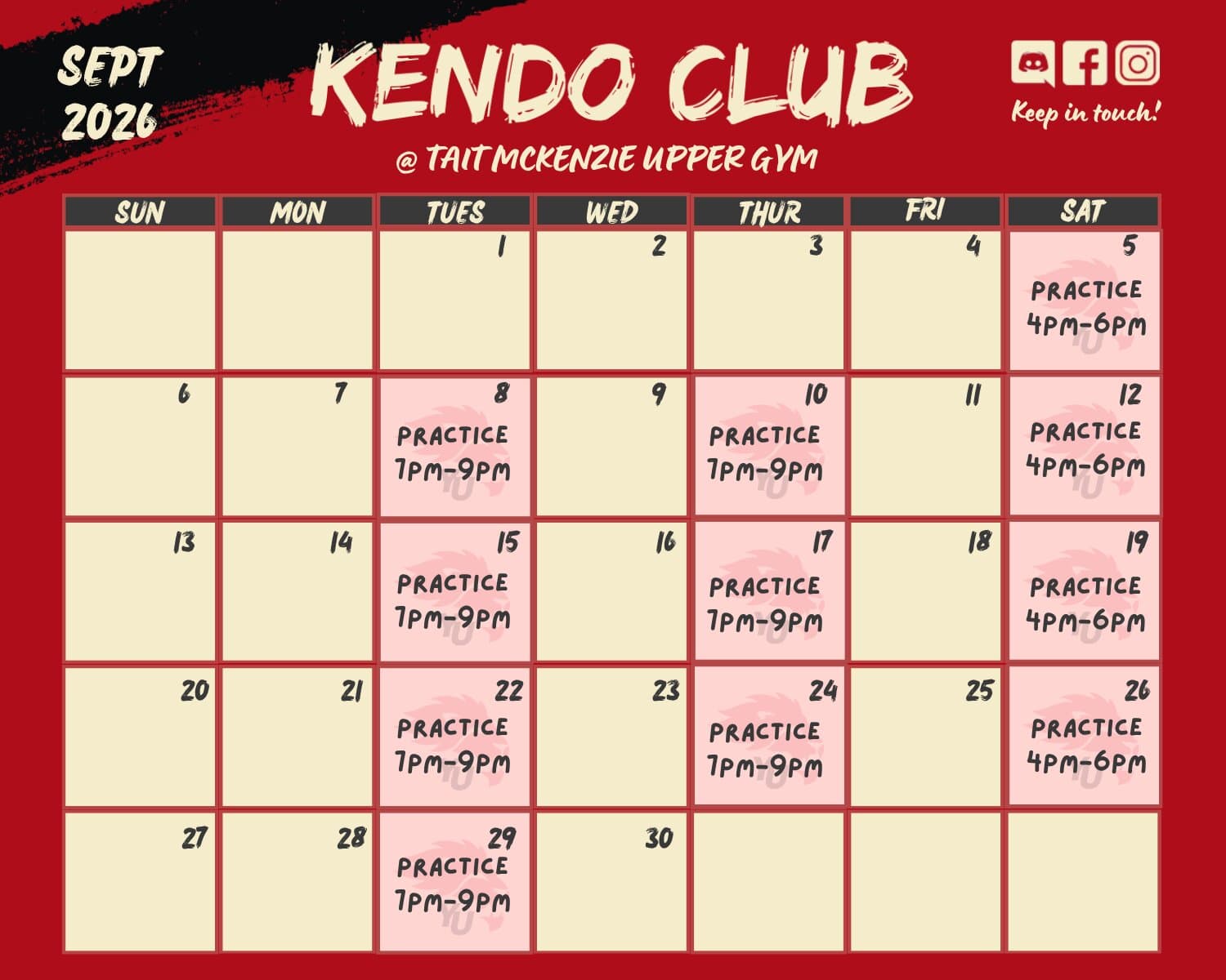 YU Kendo monthly practice schedule at Tait McKenzie Upper Gym — see the calendar for current practice days and times.